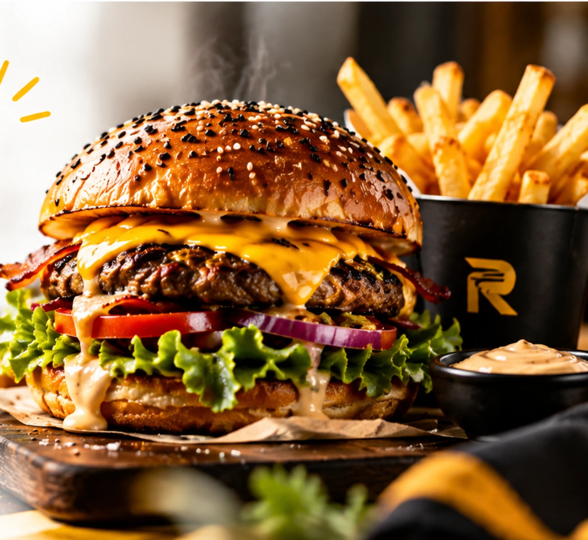 A juicy, stacked cheeseburger with golden fries and dipping sauce.